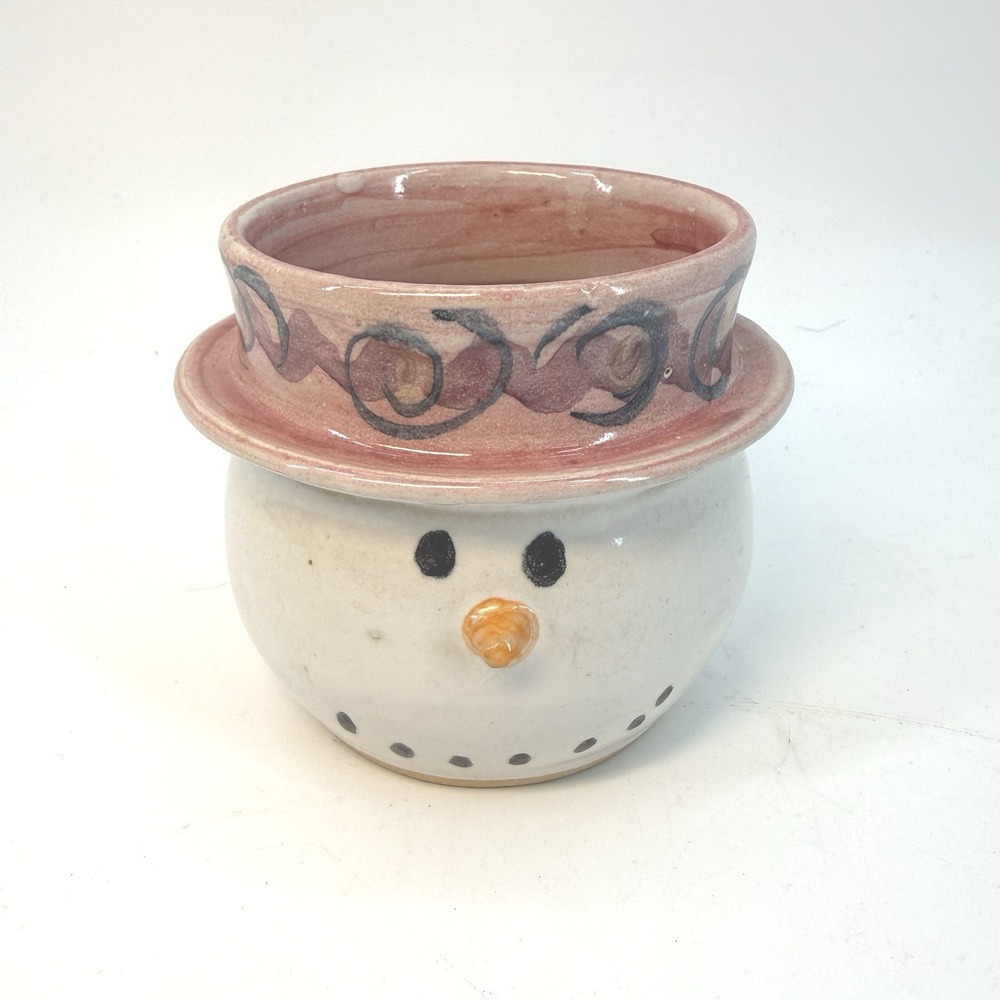 Snowman Tea Mug Cup Signed '05 Top Hat Nose Large Ceramic Pottery Top Hat Swirl